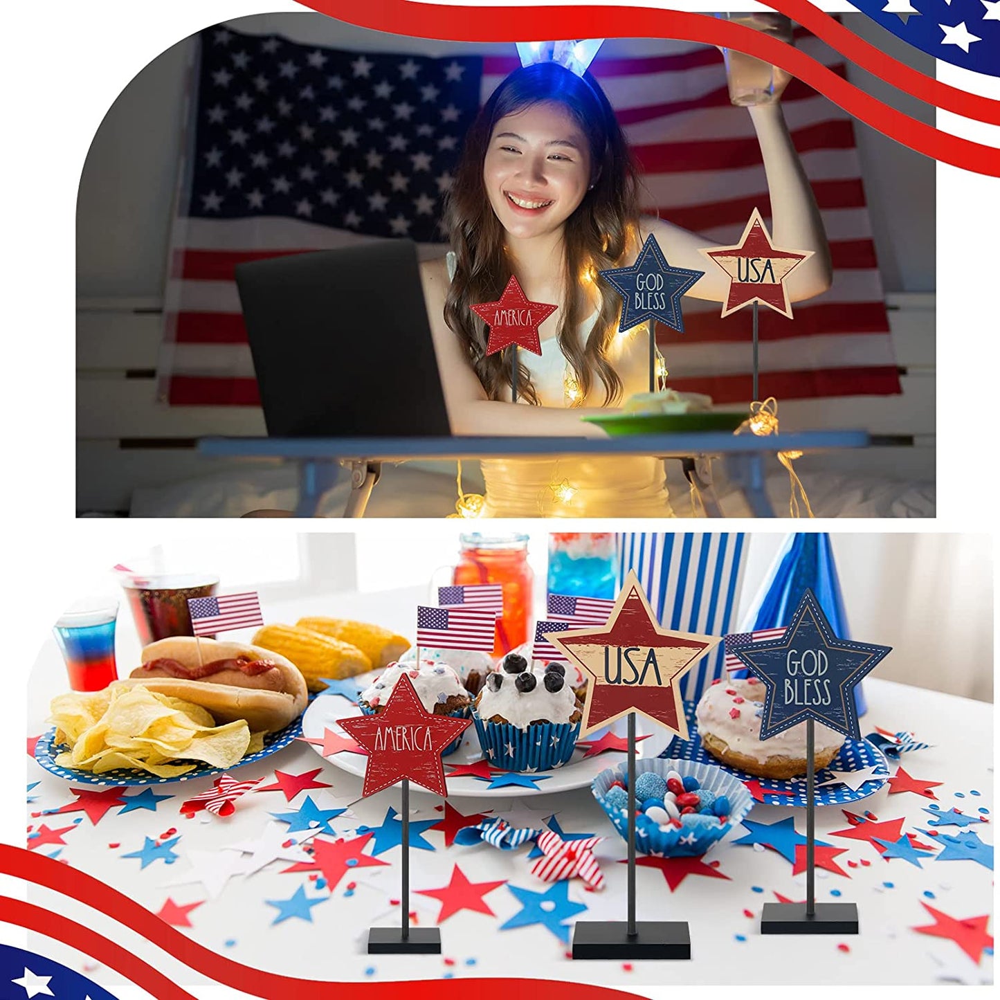 3 Pieces 4th of July Patriotic Decorations Wood Star Decoration (Classic Style)