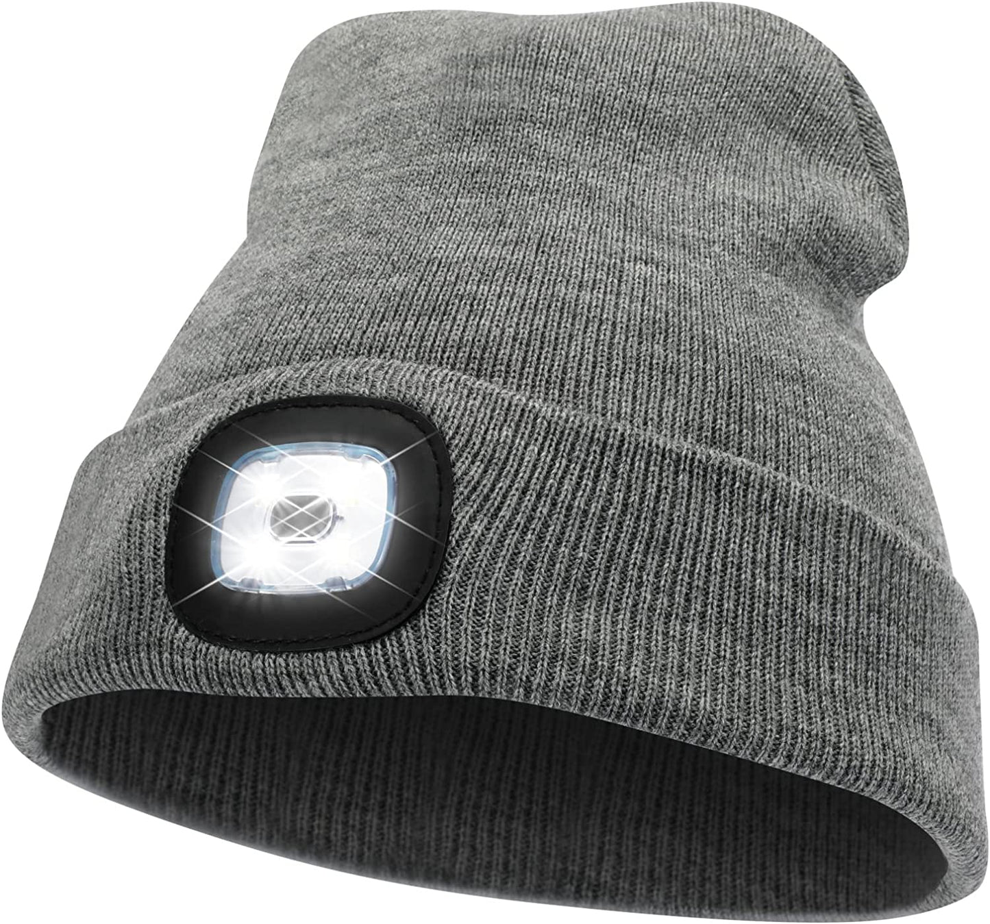LED Beanie Hat w/ Light, Unisex USB Rechargeable Winter Knit Lighted Headlight (Grey)