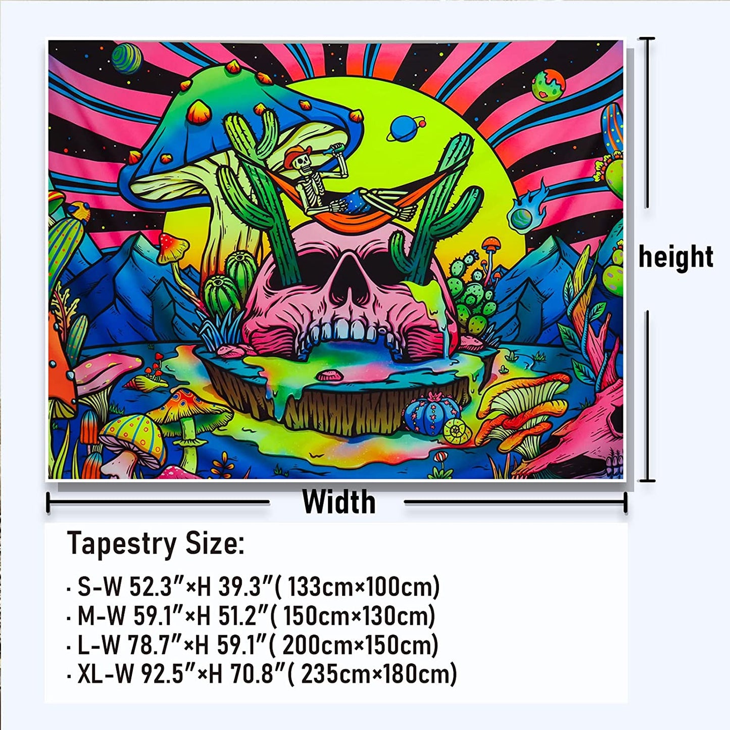 Blacklight Skull Tapestry UV Reactive Mushroom Trippy Cactus Psychedelic Starry Stars, Small