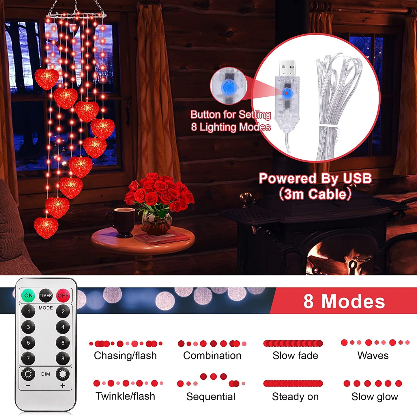Valentines Day Lights Decor, 38IN 118LED Lighted Wind Chime, USB Powered w/ Red Heart