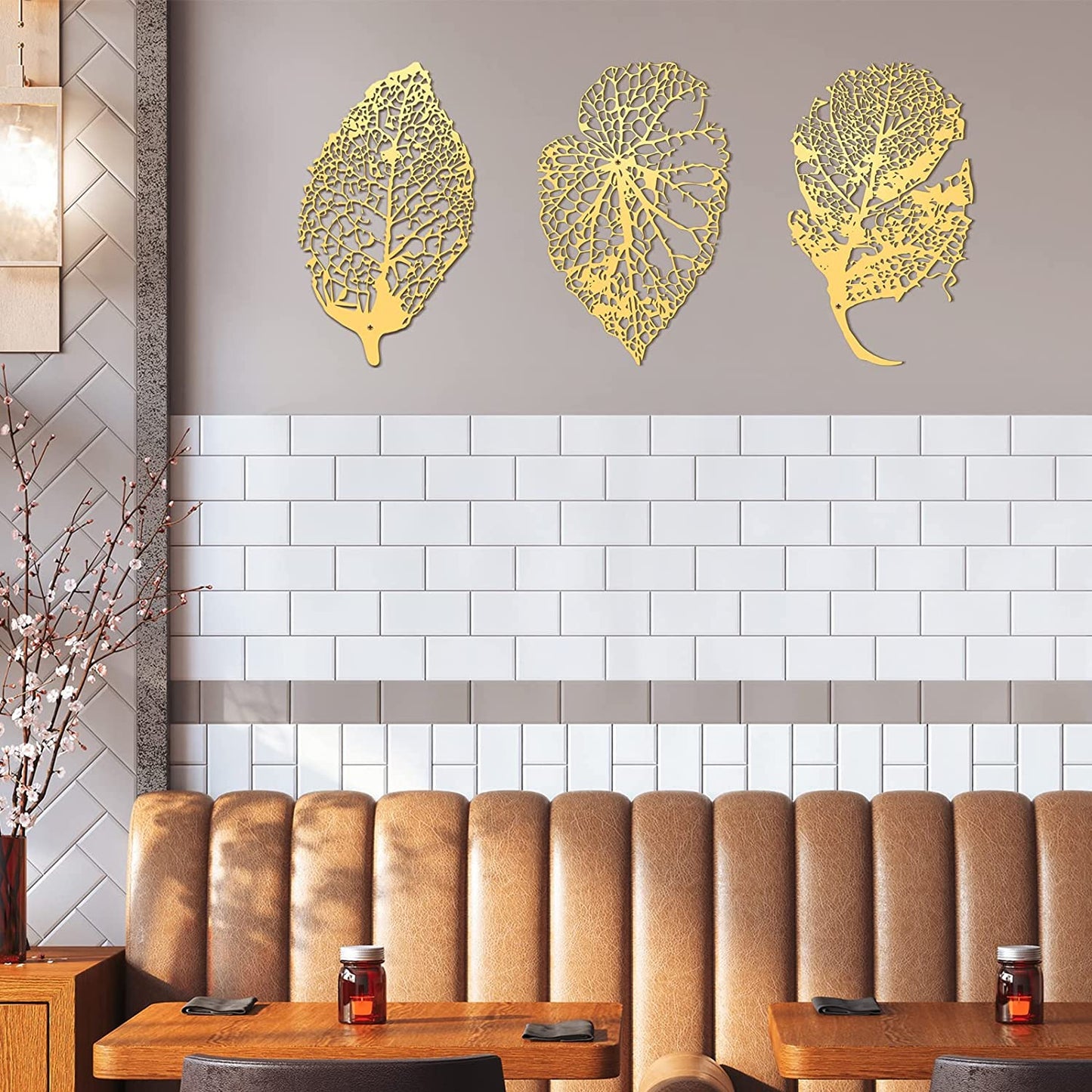 3 Pieces Metal Leaves Wall Decorartion Metal 15.7" x 9.4" (Gold)