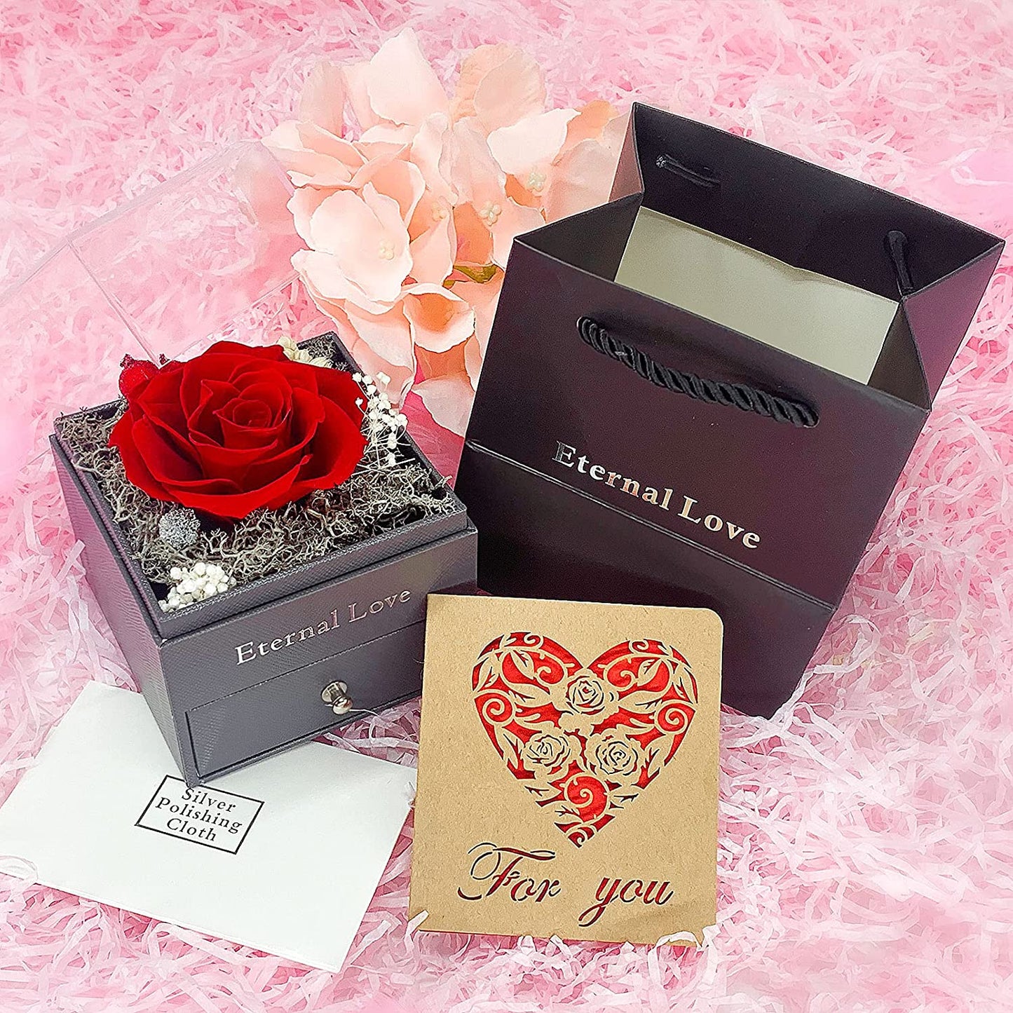Valentines Day Gifts, Preserved Real Red Rose Jewelry Box w/ 14K Gold Plated Silver Heart Necklace (Red)