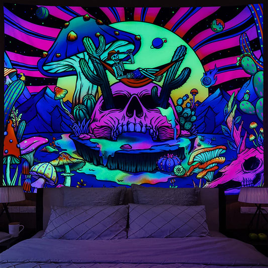 Blacklight Skull Tapestry UV Reactive Mushroom Trippy Cactus Psychedelic Starry Stars, Small