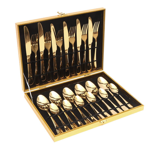 24pcs Stainless Steel Flatware Tableware Gold Colored Cutlery Set in attractive GoldenGift box (Golden) 24 Golden