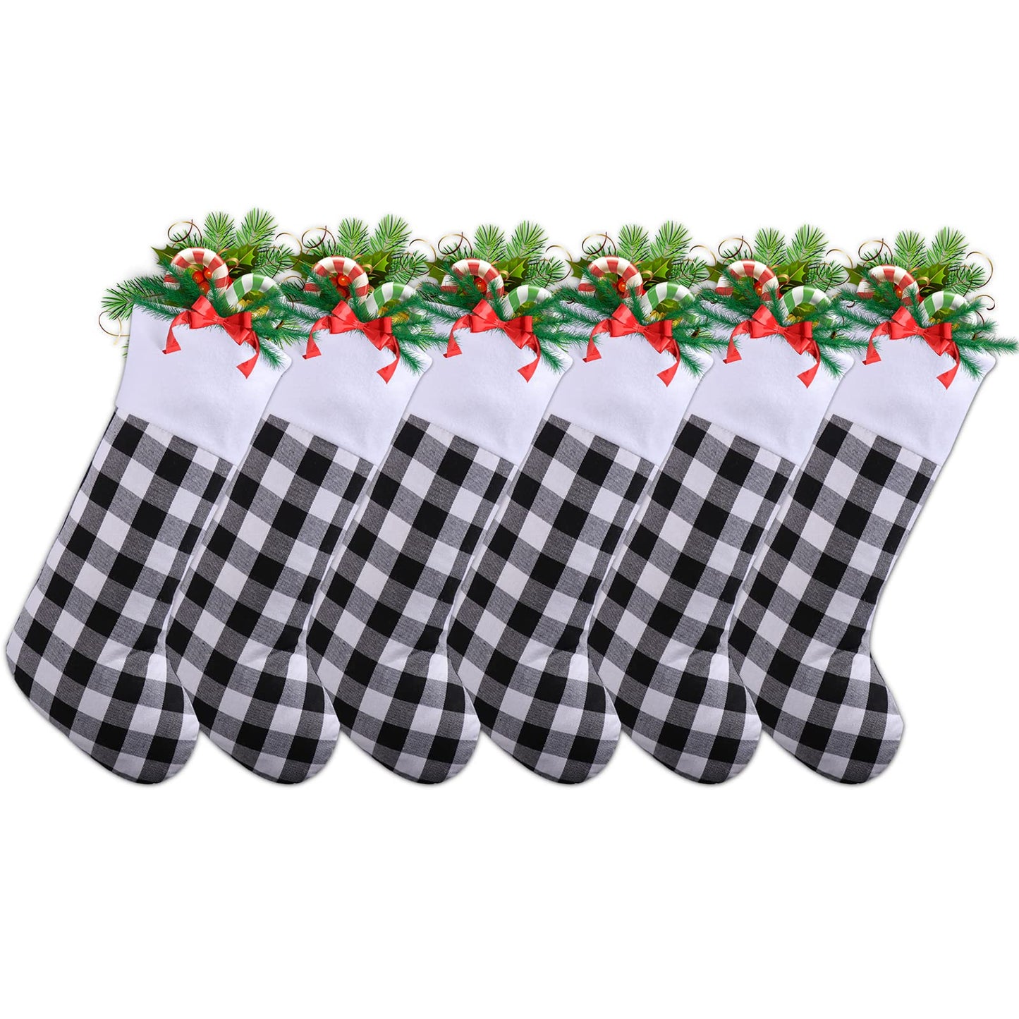 6 Pack 18 Inch Buffalo Plaid Christmas Stockings White Plush Trim Classic Personalized Large Stocking Decorations