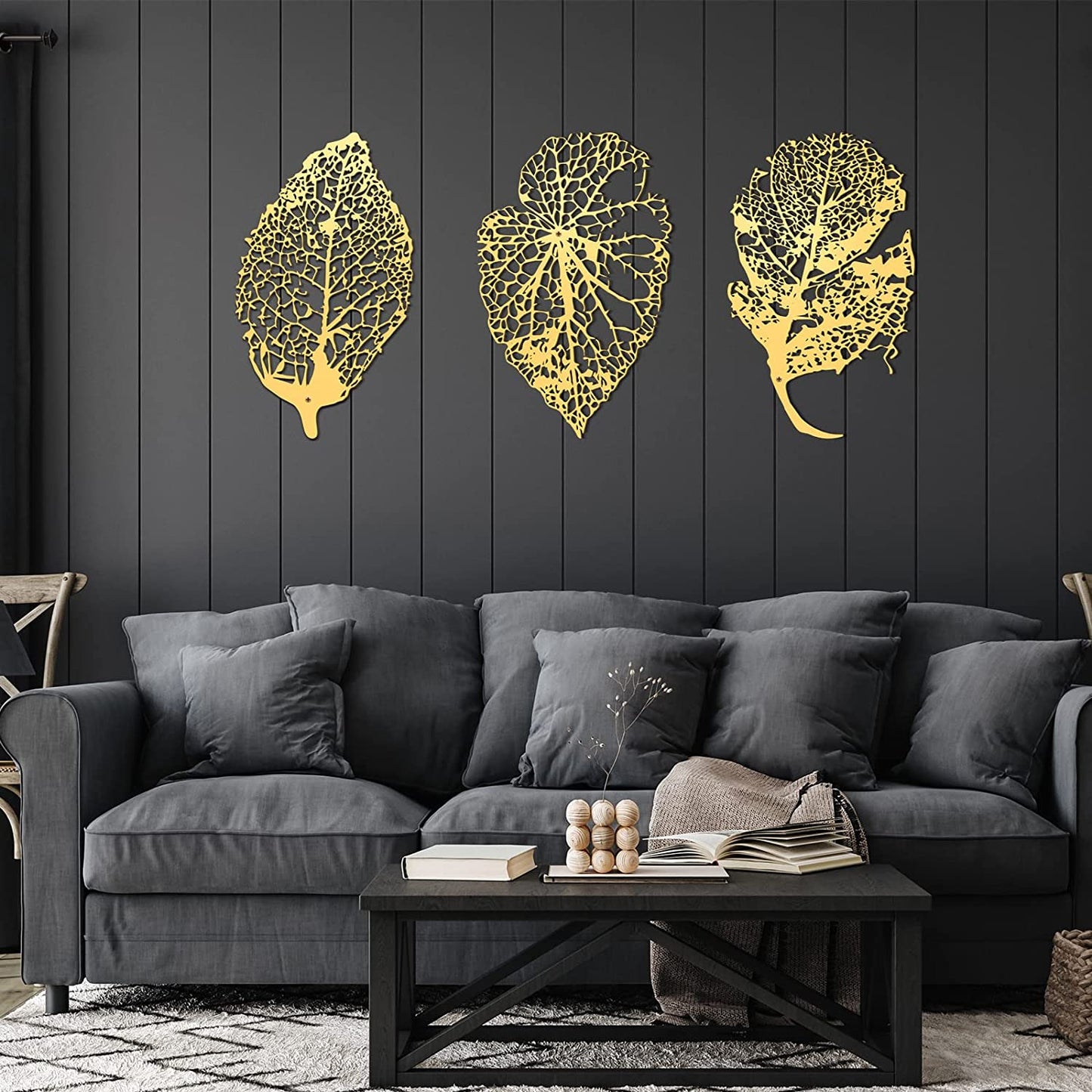 3 Pieces Metal Leaves Wall Decorartion Metal 15.7" x 9.4" (Gold)