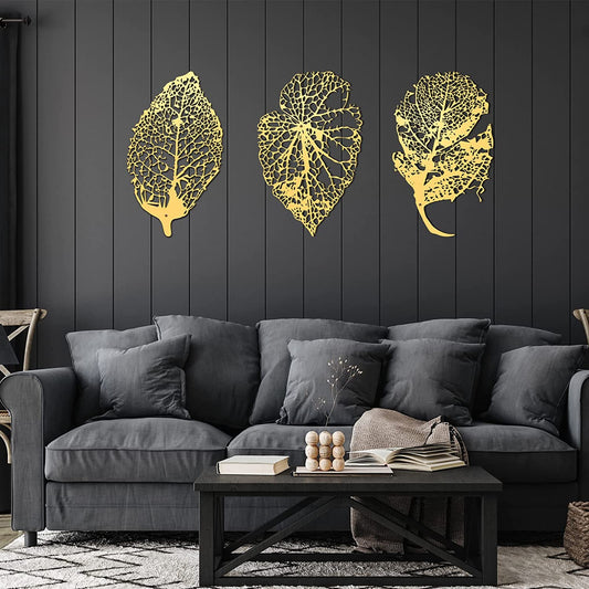 3 Pieces Metal Leaves Wall Decorartion Metal 15.7" x 9.4" (Gold)