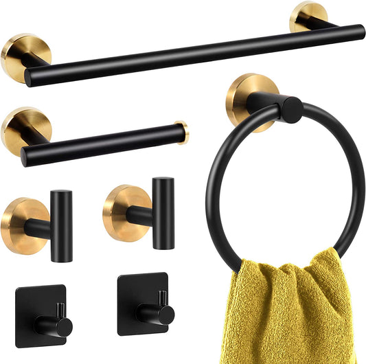 Bathroom Hardware Set 7 Pieces, Towel Bar Set Stainless Steel Wall Mounted, Black Gold