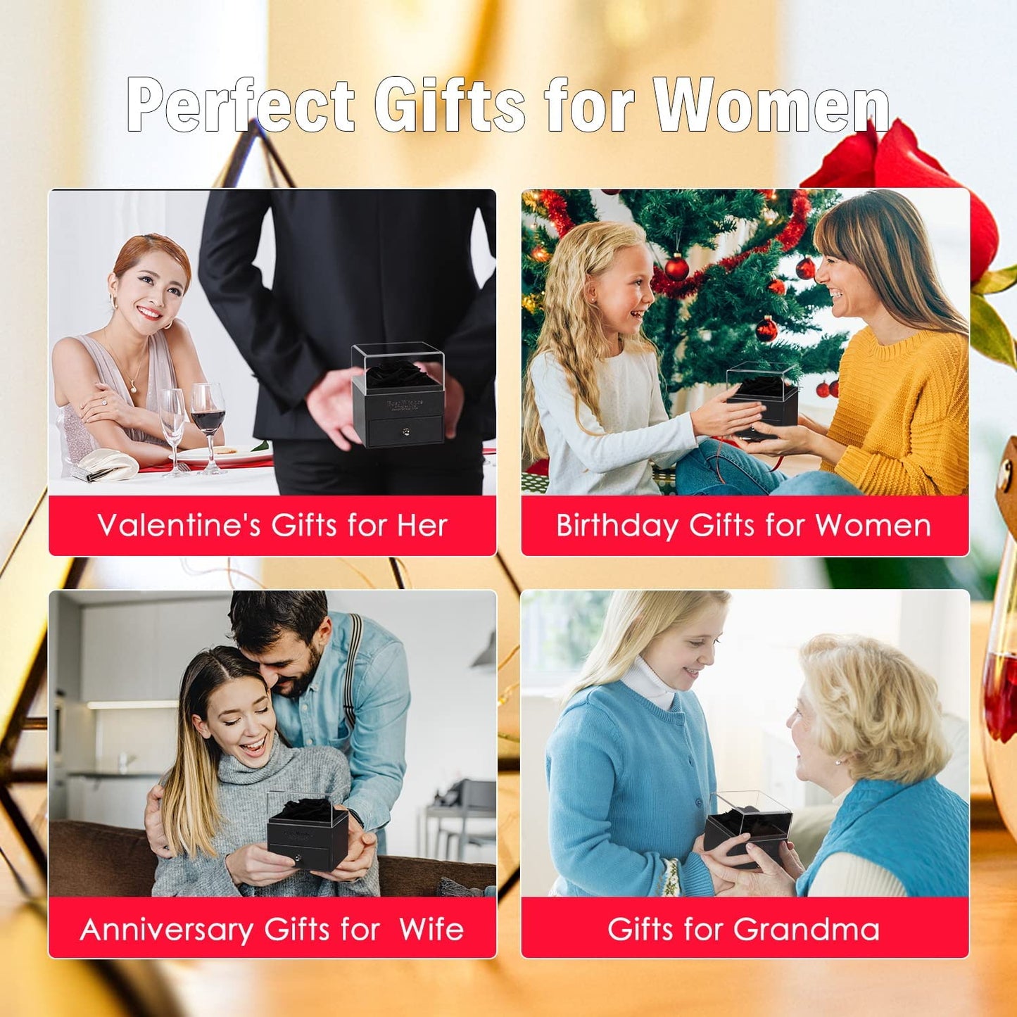 Preserved Real Rose Flower Mothers Day Gifts w/ I Love You 100 Languages Heart Necklace-Red