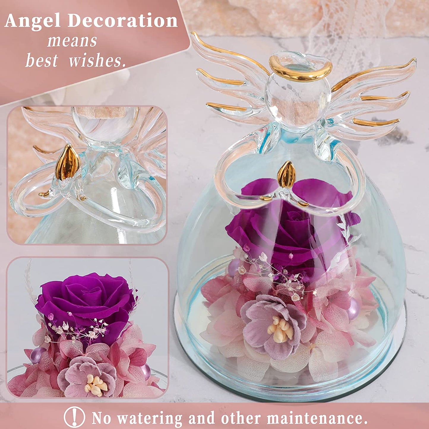 Valentines Day Preserved Rose, Glass Angel Figurines Gifts w/ Pretty Purple Flowers