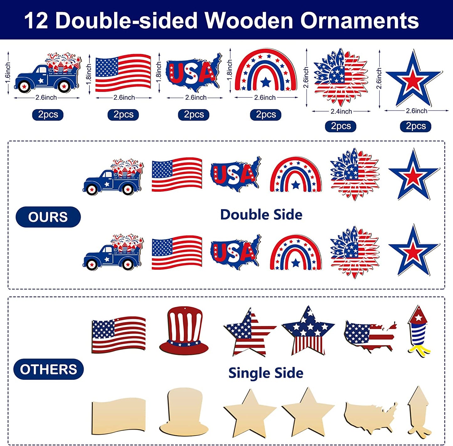 4th of July  Decoration Tree Light w/ 12 Patriotic Wooden Signs, [TIMER, USB/Battery Operated]