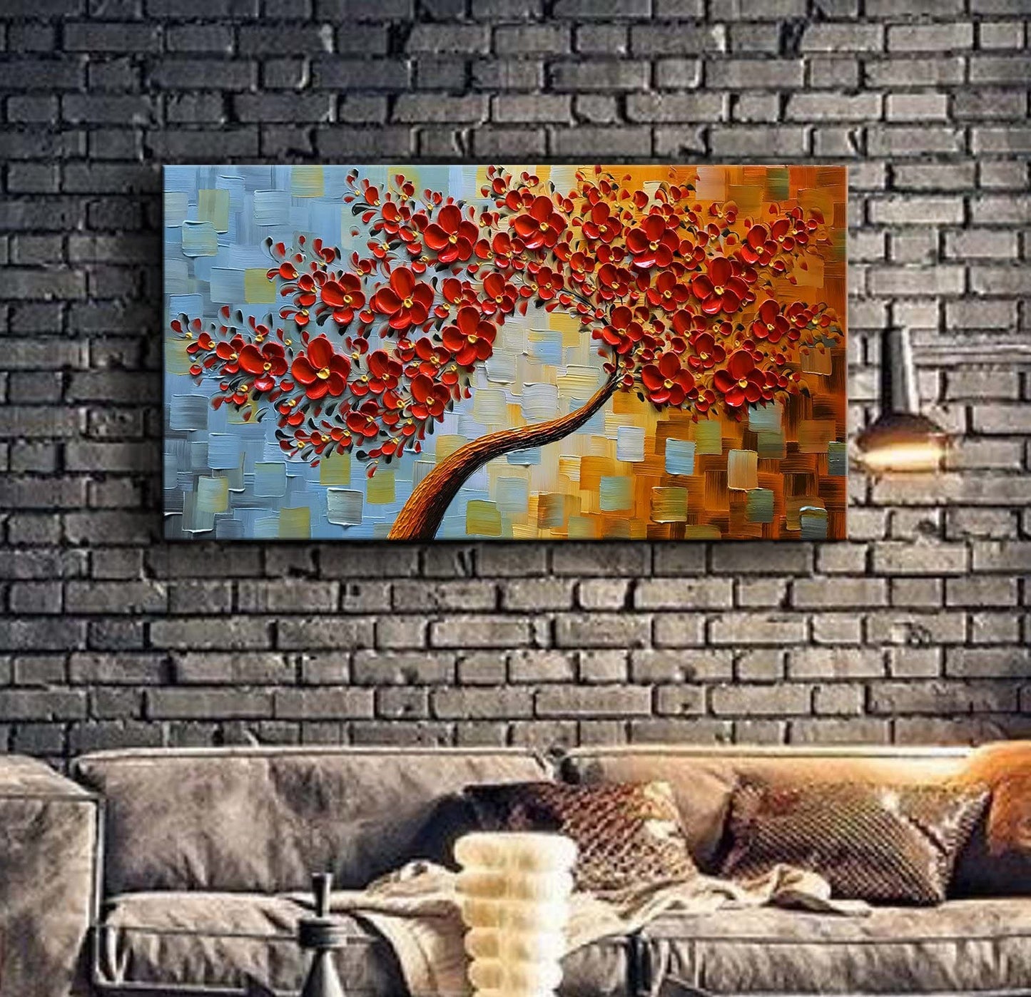 Art -hand Painted Contemporary Oil Painting On Canvas Texture Palette Knife Tree Paintings Modern Home Decor 3D Red Flowers Ready to hang 20x40inch