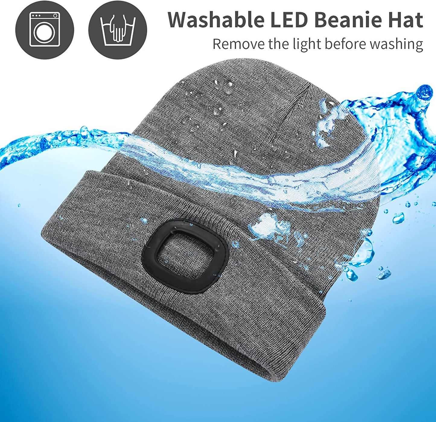 LED Beanie Hat w/ Light, Unisex USB Rechargeable Winter Knit Lighted Headlight (Grey)