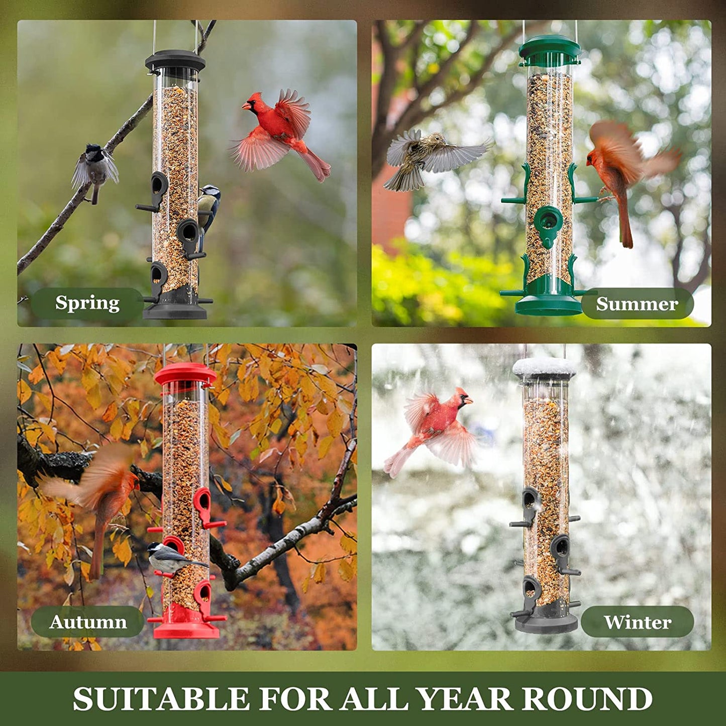 2 Pack Tube Bird Feeders for Outdoors Hanging, Premium Hard Plastic w/ 6 Feeding Ports, Weatherproof & Steel Hanger, Attracting for Wild Birds (Green)