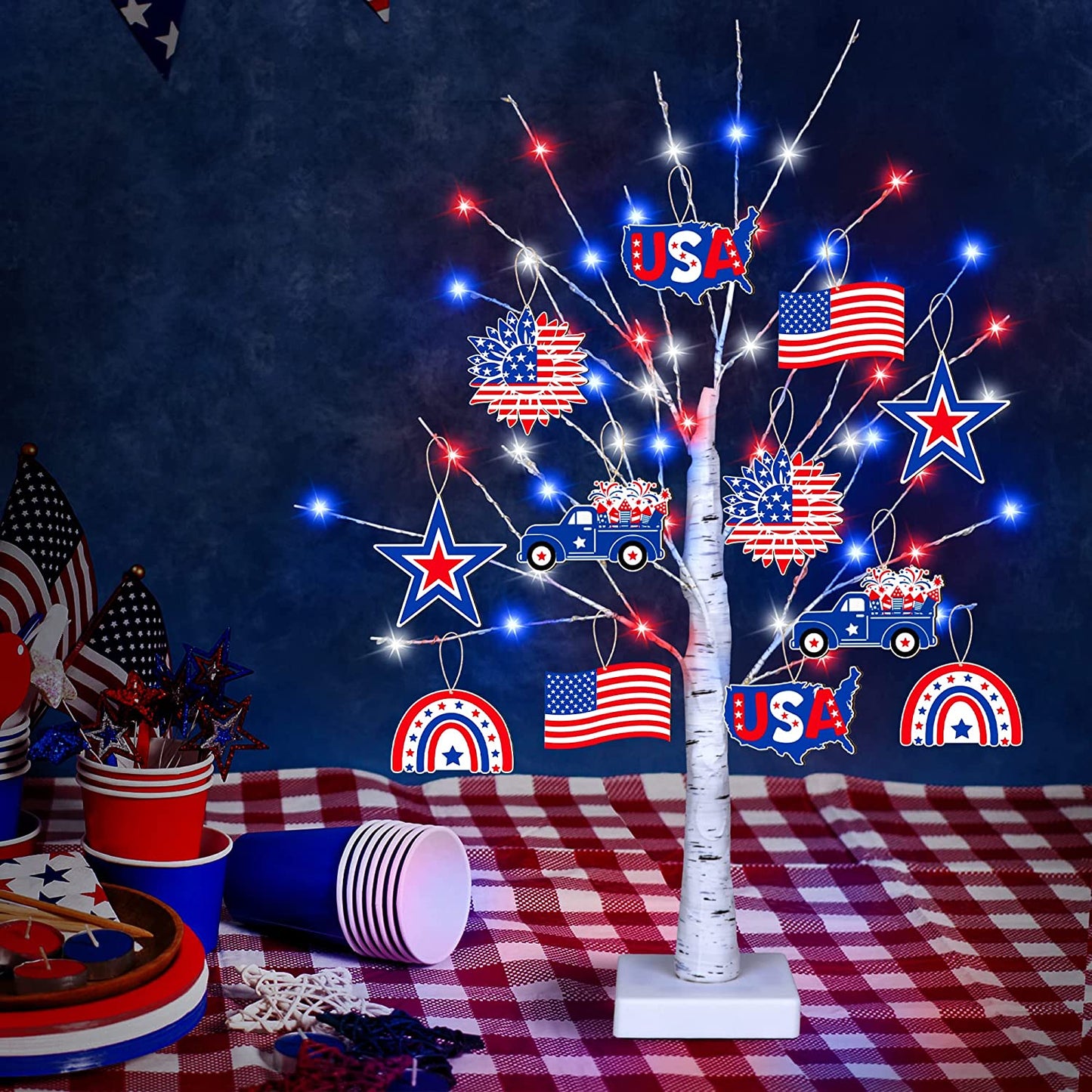 4th of July  Decoration Tree Light w/ 12 Patriotic Wooden Signs, [TIMER, USB/Battery Operated]