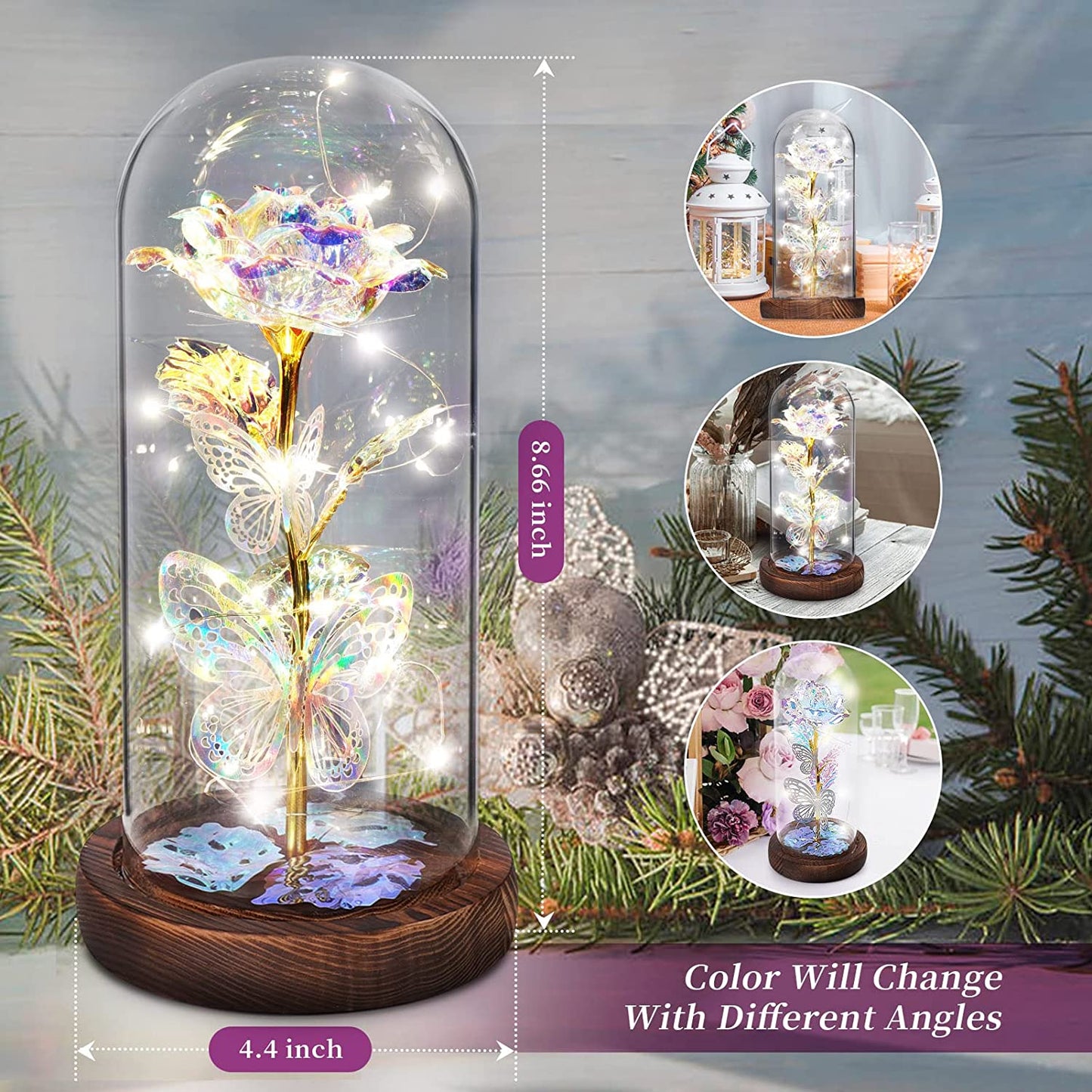 Valentines Day Gifts for Her,Light Up Preserved Galaxy Rose Flower Butterfly in Glass Dome, Silver