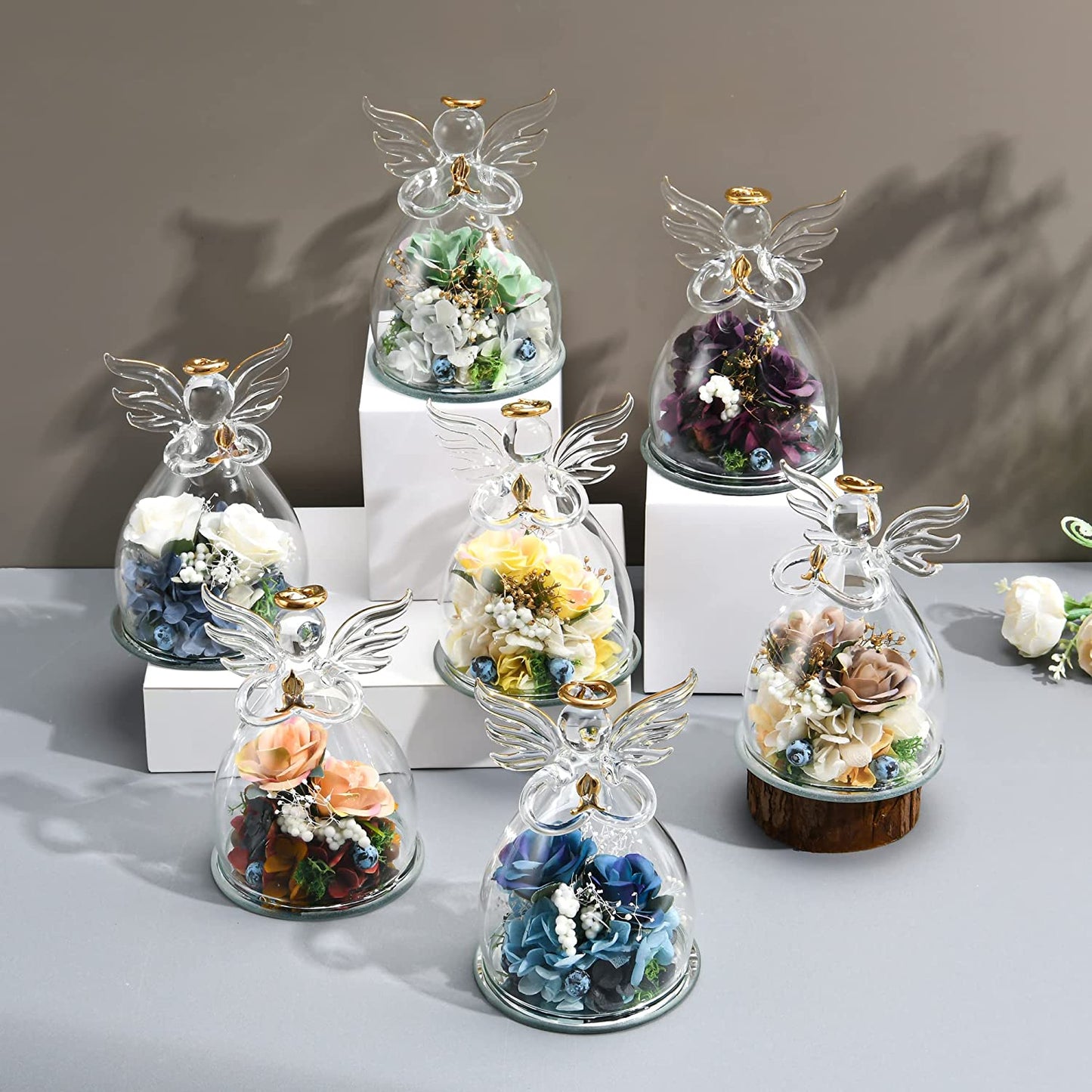 Mothers Day Gifts for Women Simulated Flowers Roses Hydrangeas Glass Angels (Yellow Pink)