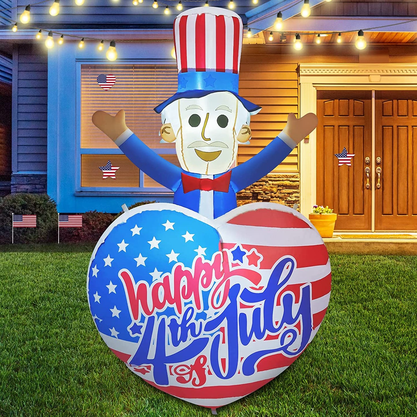 4th of July Inflatable Outdoor 6ft, Patriotic Uncle Sam w/ Heart for Independence Day