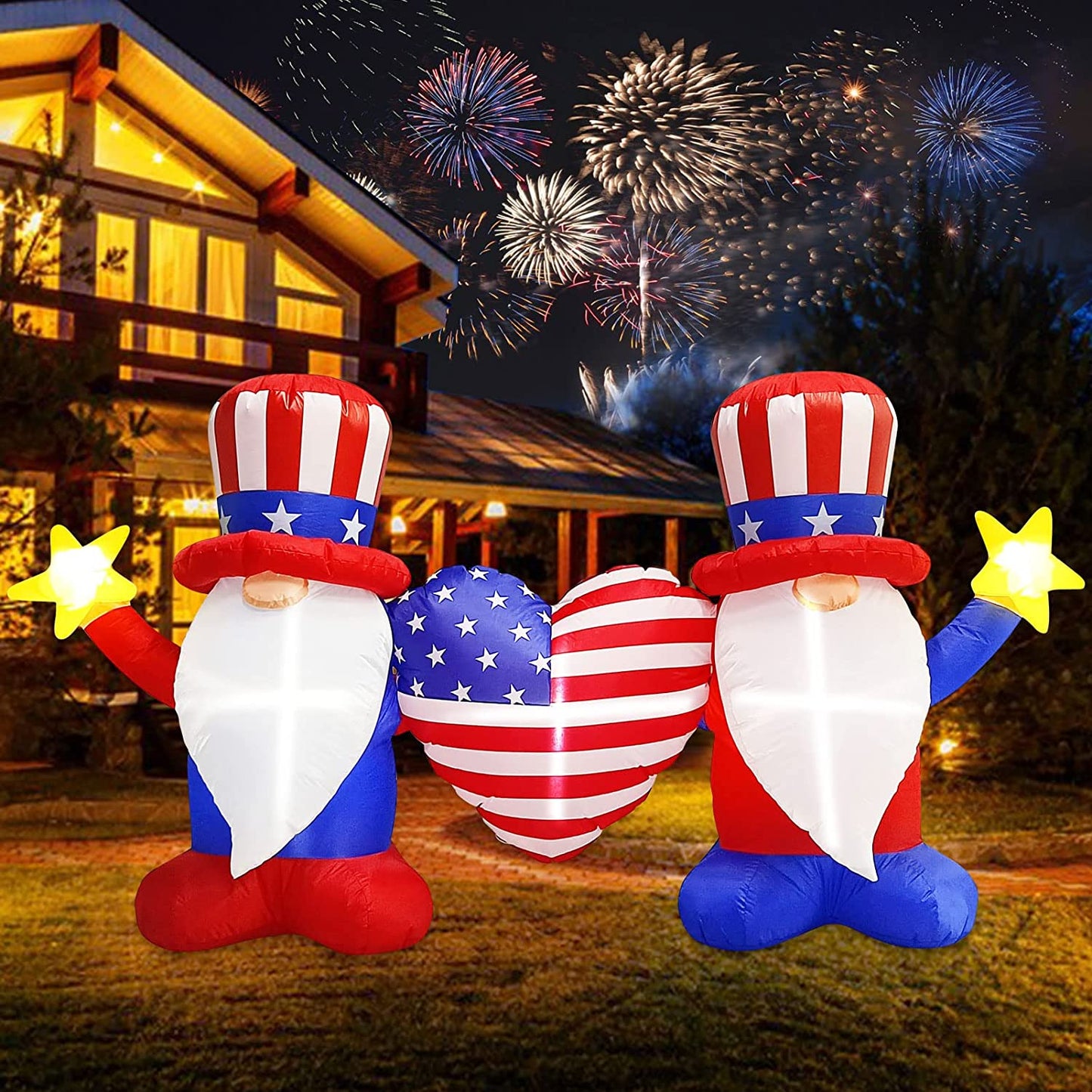 7ft Length Patriotic Independence Day Inflatable,4ft Blow Up Gnome w/ LEDs