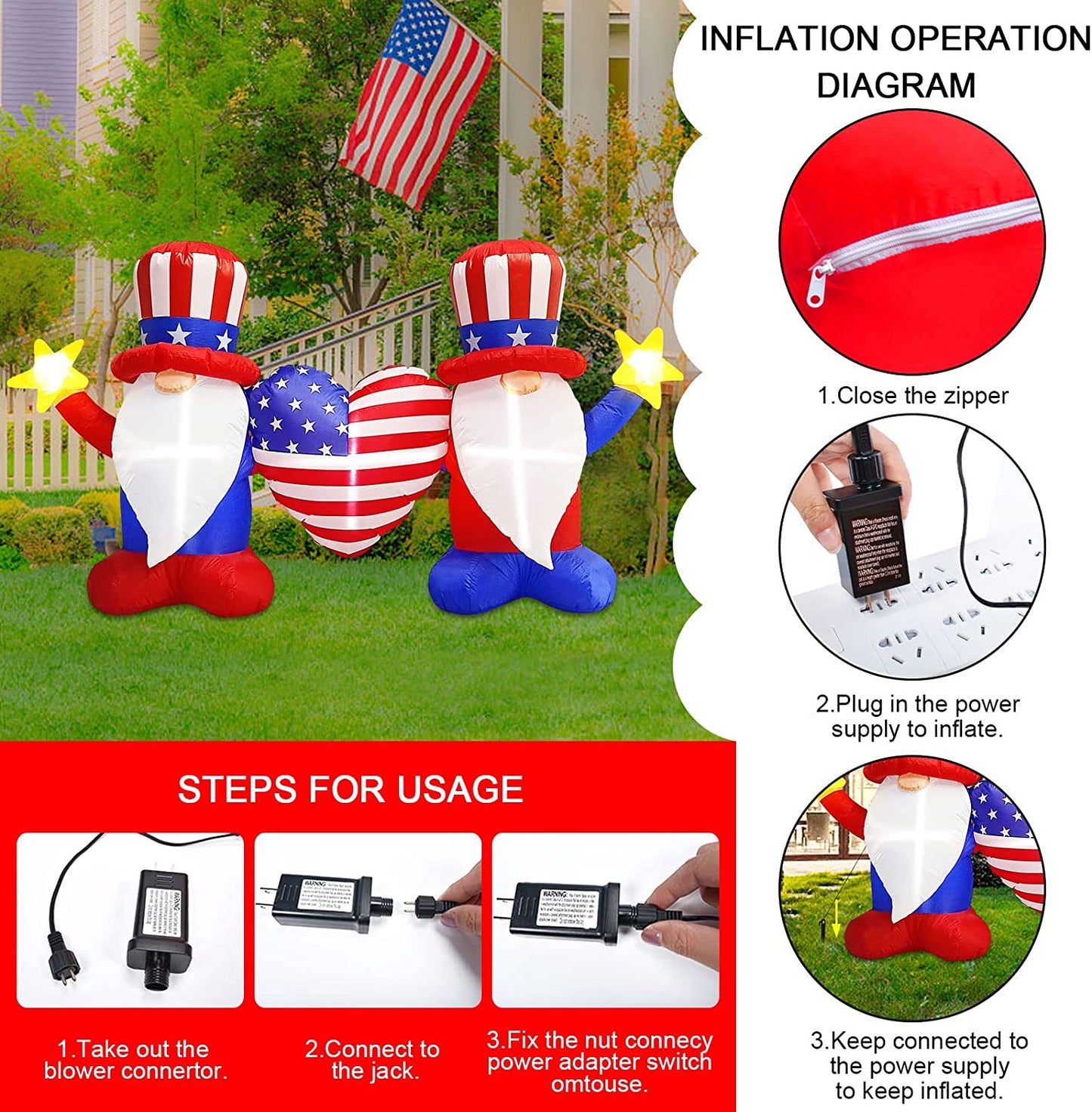 7ft Length Patriotic Independence Day Inflatable,4ft Blow Up Gnome w/ LEDs