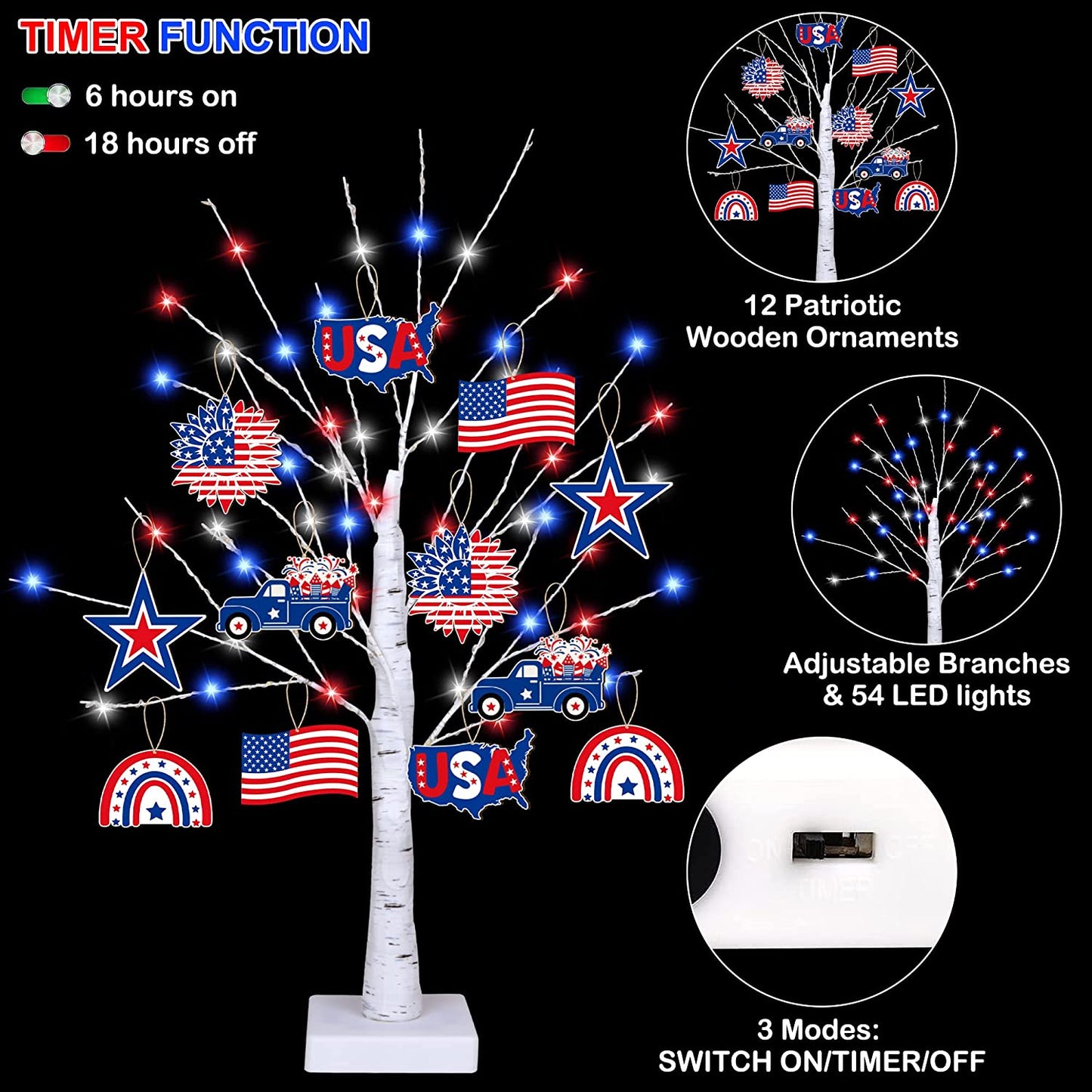 4th of July  Decoration Tree Light w/ 12 Patriotic Wooden Signs, [TIMER, USB/Battery Operated]