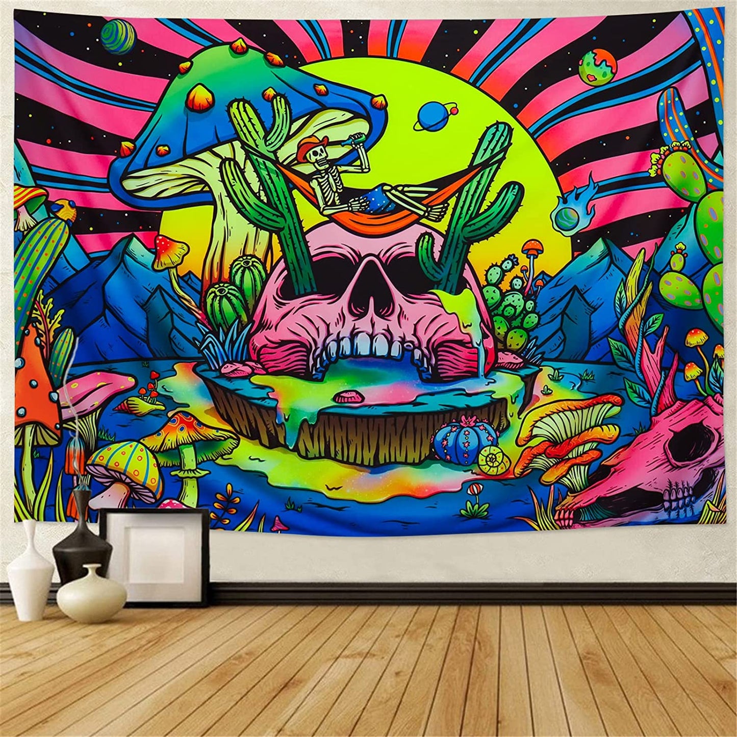 Blacklight Skull Tapestry UV Reactive Mushroom Trippy Cactus Psychedelic Starry Stars, Small