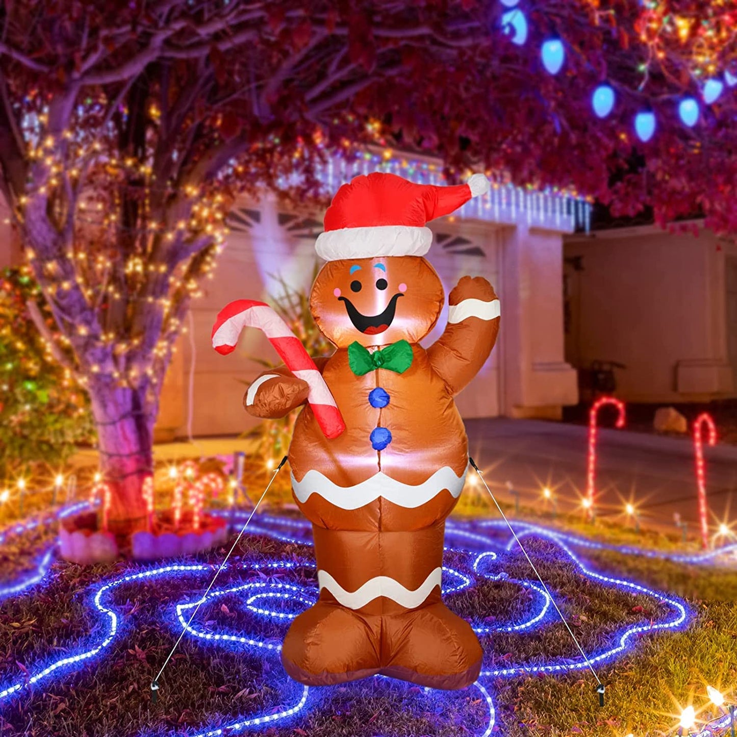 5ft Inflatable LED Lighted Gingerbread Man with Candy Cane Blow up Outdoor Yard Decoration