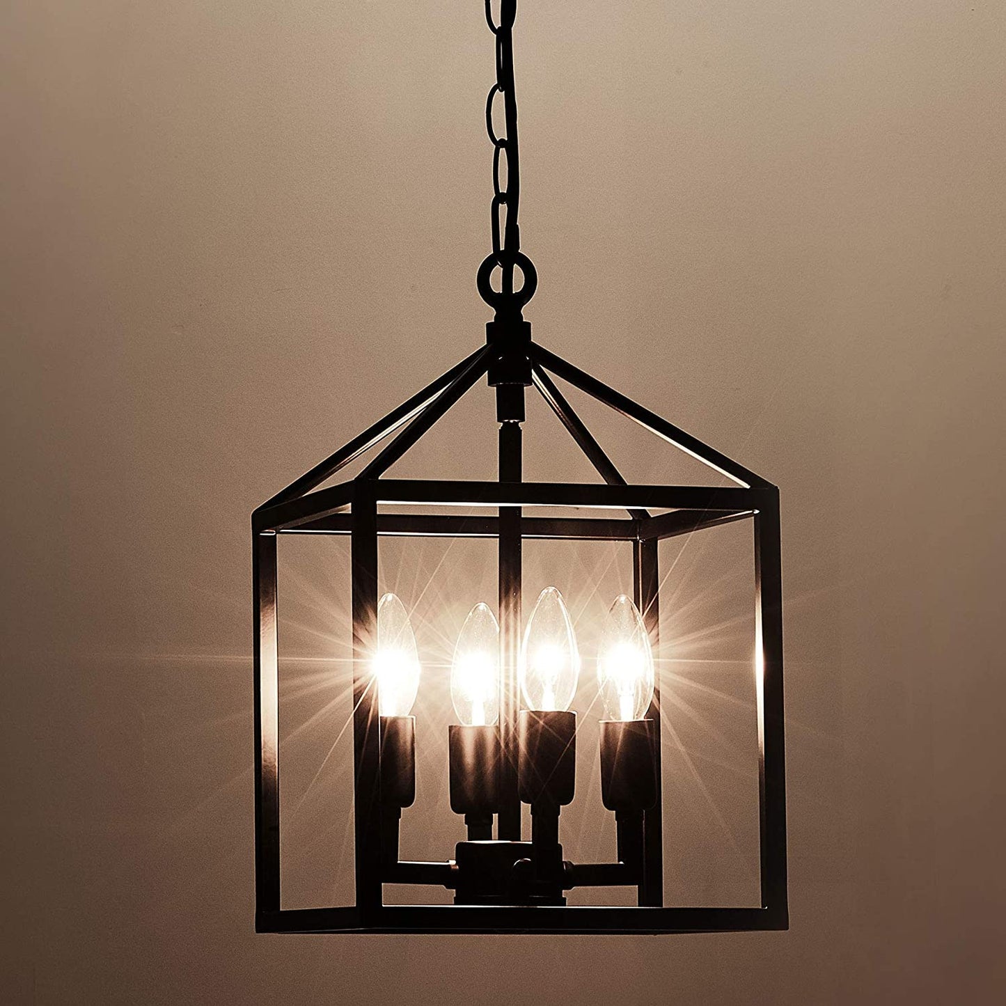Black Farmhouse Chandelier 4-Light, Industrial Lantern Metal Frame, Rustic Cage