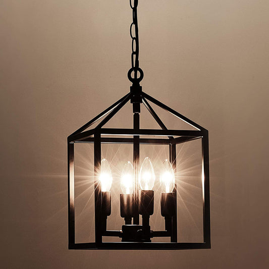 Black Farmhouse Chandelier 4-Light, Industrial Lantern Metal Frame, Rustic Cage