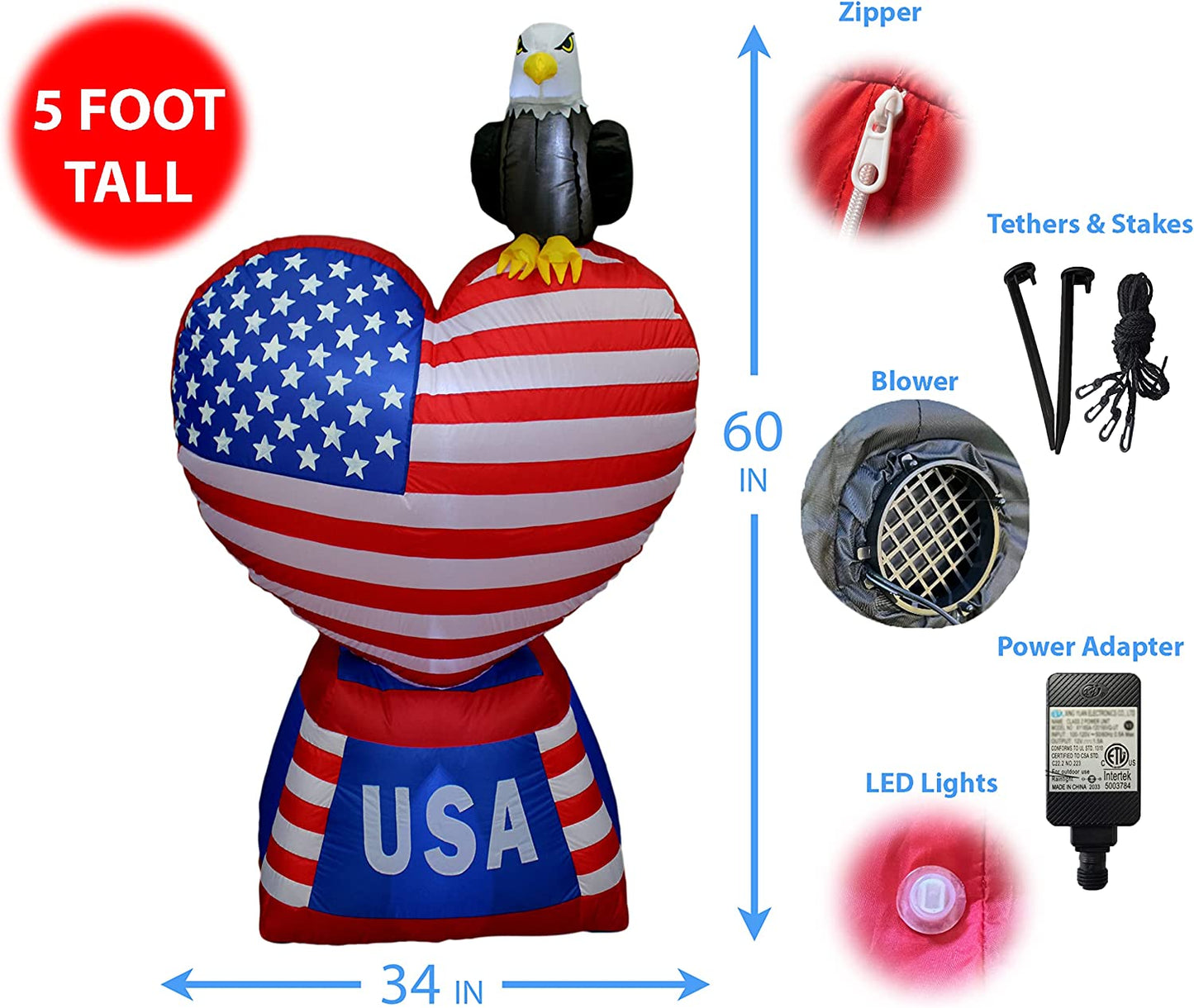 5 ft Tall Patriotic Independence Day 4th of July Inflatable Love Heart with American Flag and Bald Eagle w/ LEDs