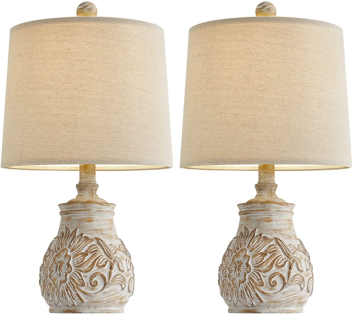 18.5'' Farmhouse Vintage Table Lamps for Living Room Traditional Carved Floral Bedside Lamps Washed White-No Touch