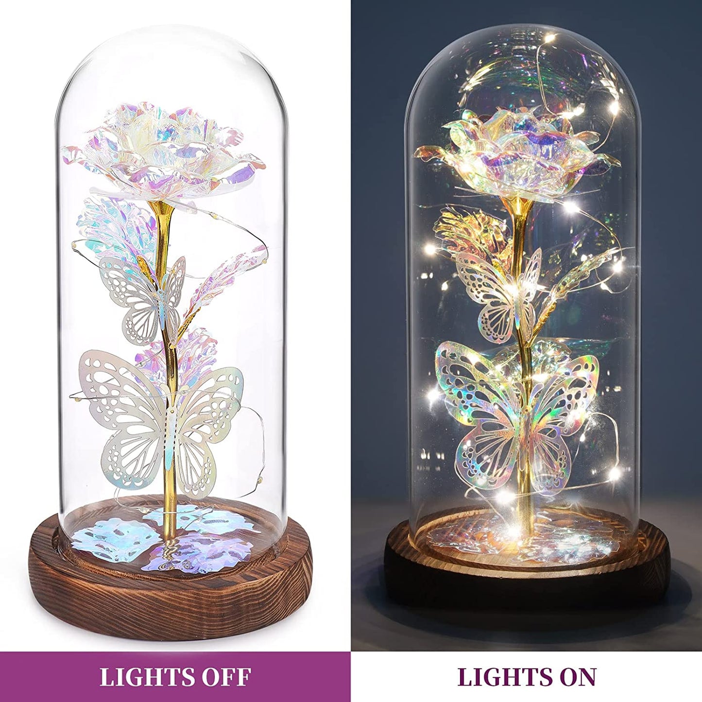 Valentines Day Gifts for Her,Light Up Preserved Galaxy Rose Flower Butterfly in Glass Dome, Silver