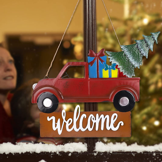 2 in 1 Metal Red Truck Christmas Welcome Signs Decoration