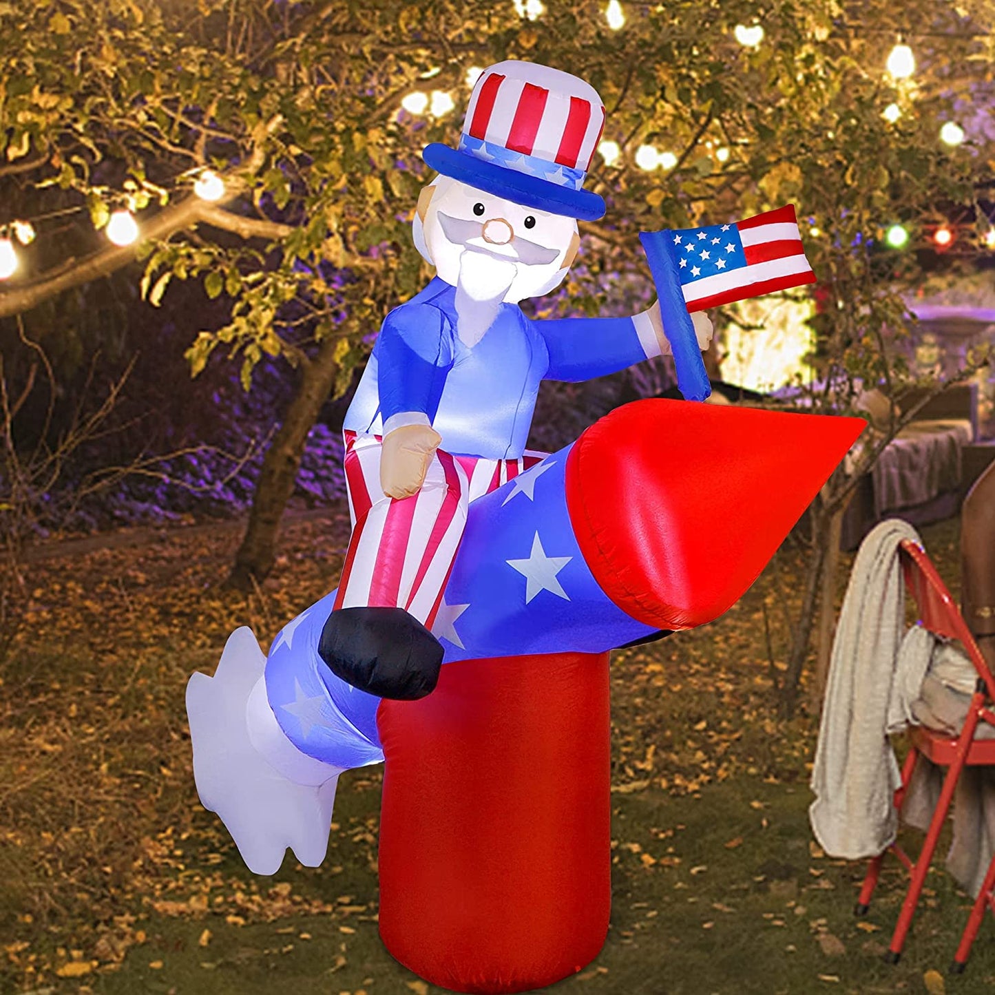 5.6 FT Patriotic Independence Day 4th of July Uncle Sam on Rocket w/ LEDS