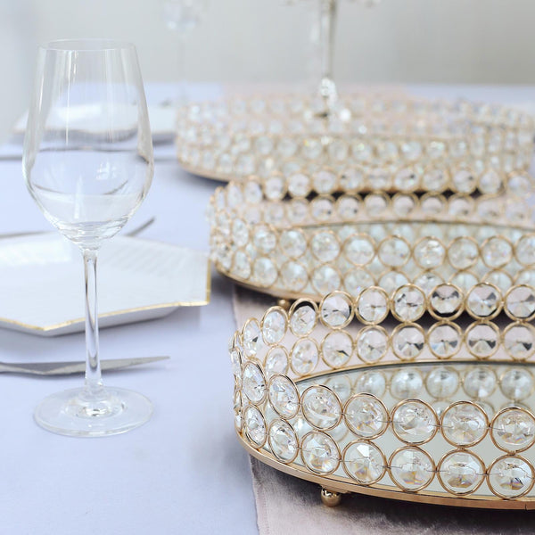 Set of 2 Gold Metal Crystal Beaded Decorative Serving Trays