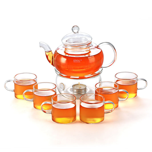 27 oz Glass Filtering Tea Maker Teapot w/ a Warmer & 6 Tea Cups