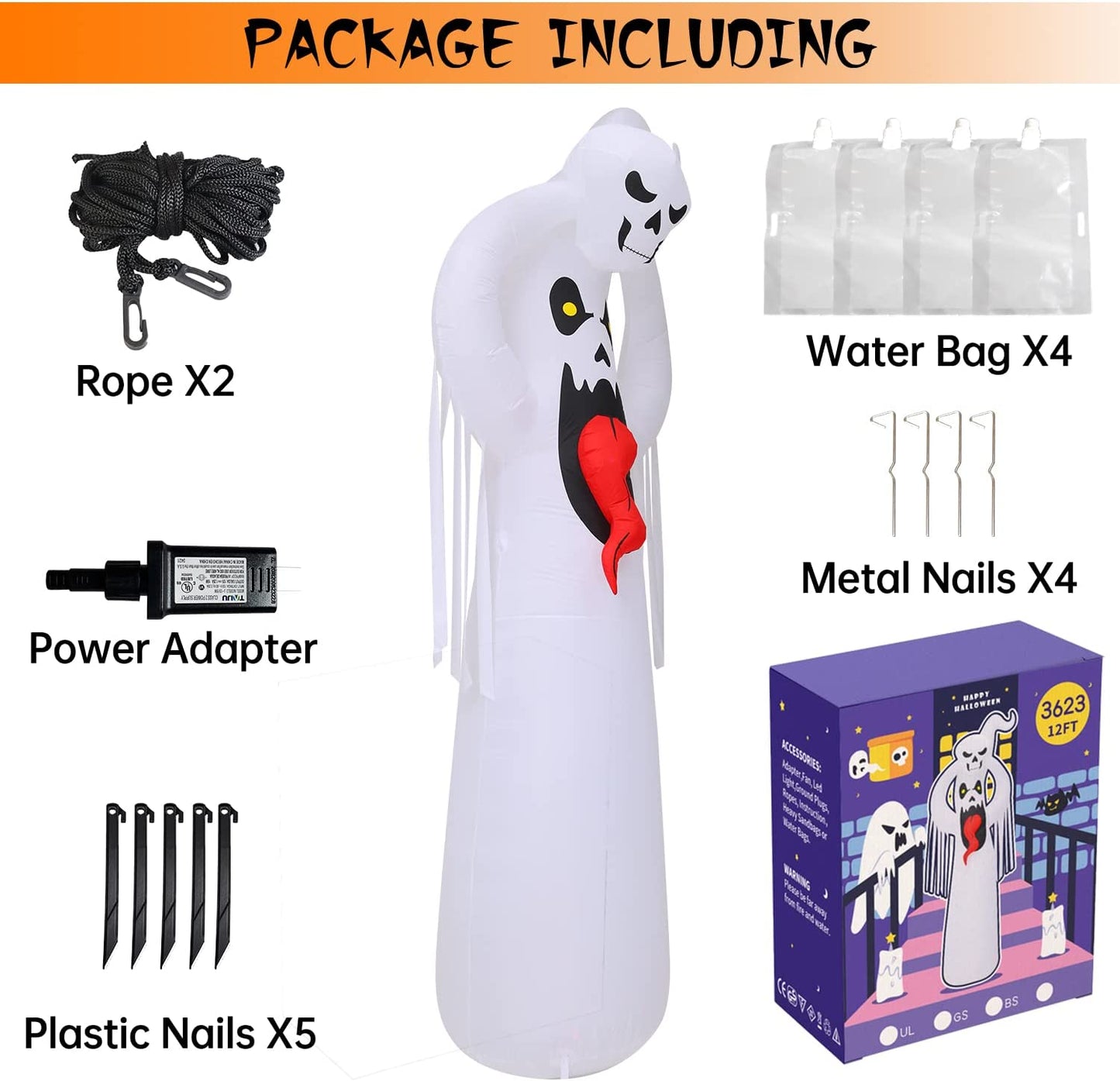 12ft Giant Halloween Inflatables White Ghost w/ 3D Tongue & Holding Small Ghost