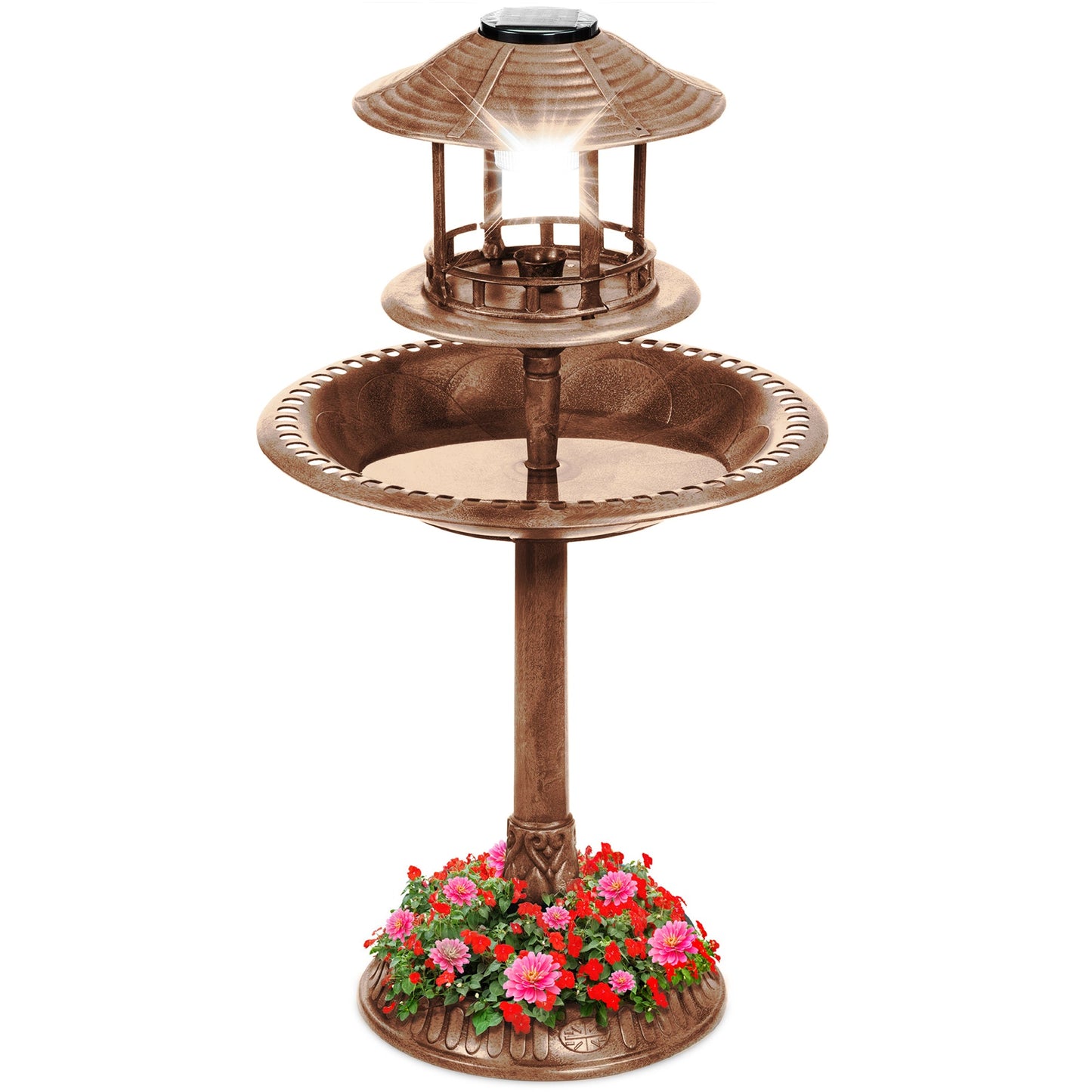 Solar Bird Bath Pedestal Fountain w/ Fillable Planter Base