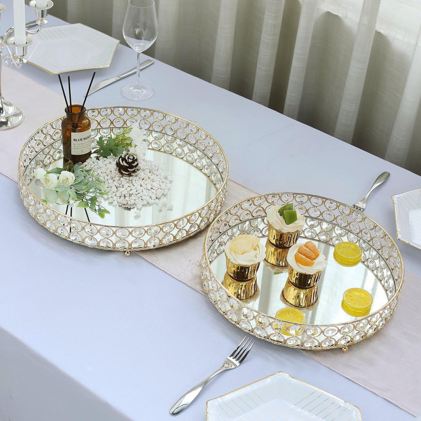 Gold Metal Crystal Beaded Decorative Serving Tray- Oval