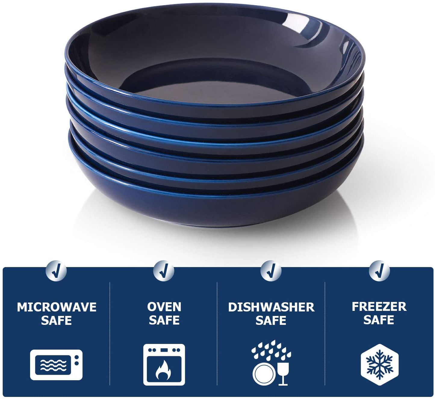 30 Ounces Large Porcelain Pasta, Salad, Soup Bowls, 6 Sets Blue