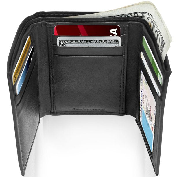 Genuine Leather Black  Men's Trifold Wallet With ID Window Gifts For Men RFID Blocking