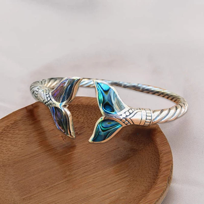 Abalone Shell & Silver Mermaid Tail Bangle Bracelet for Women