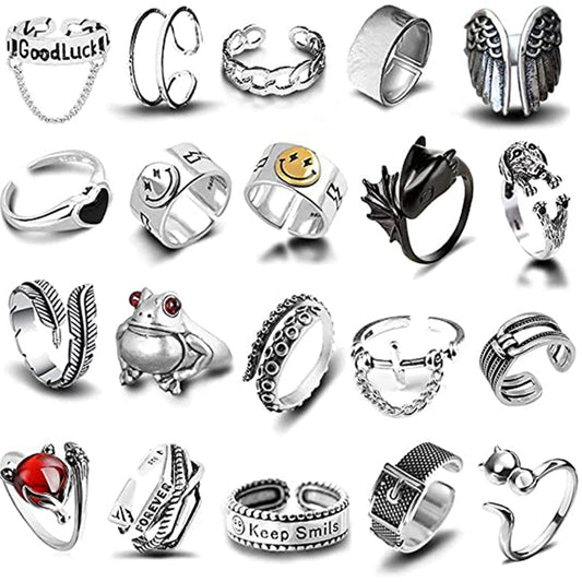 20 Pcs Adjustable Multi-color Open Rings Vintage Punk Ring for Women Men