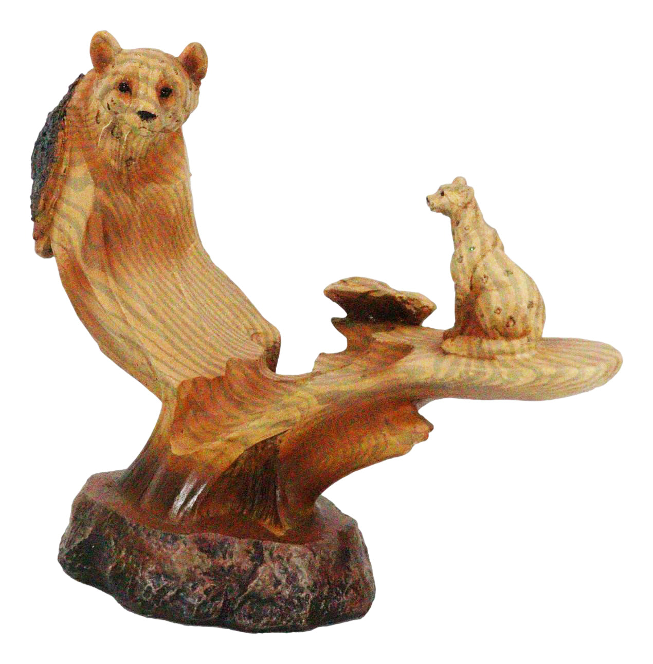 Big Cat Leopard Figurine Faux Wood Resin Cutout Carving