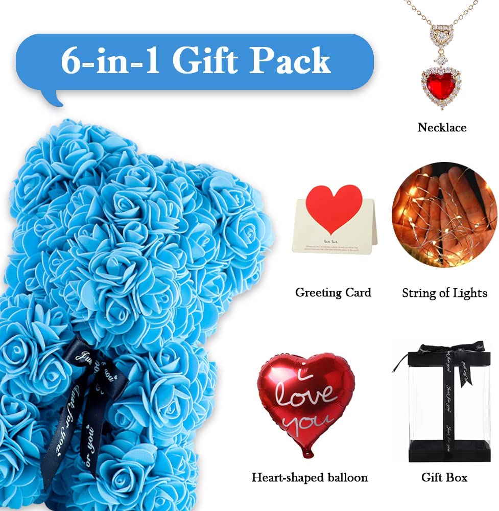 Blue Flower Bear Rose Teddy Bear with Box Lights Necklace Balloon Card
