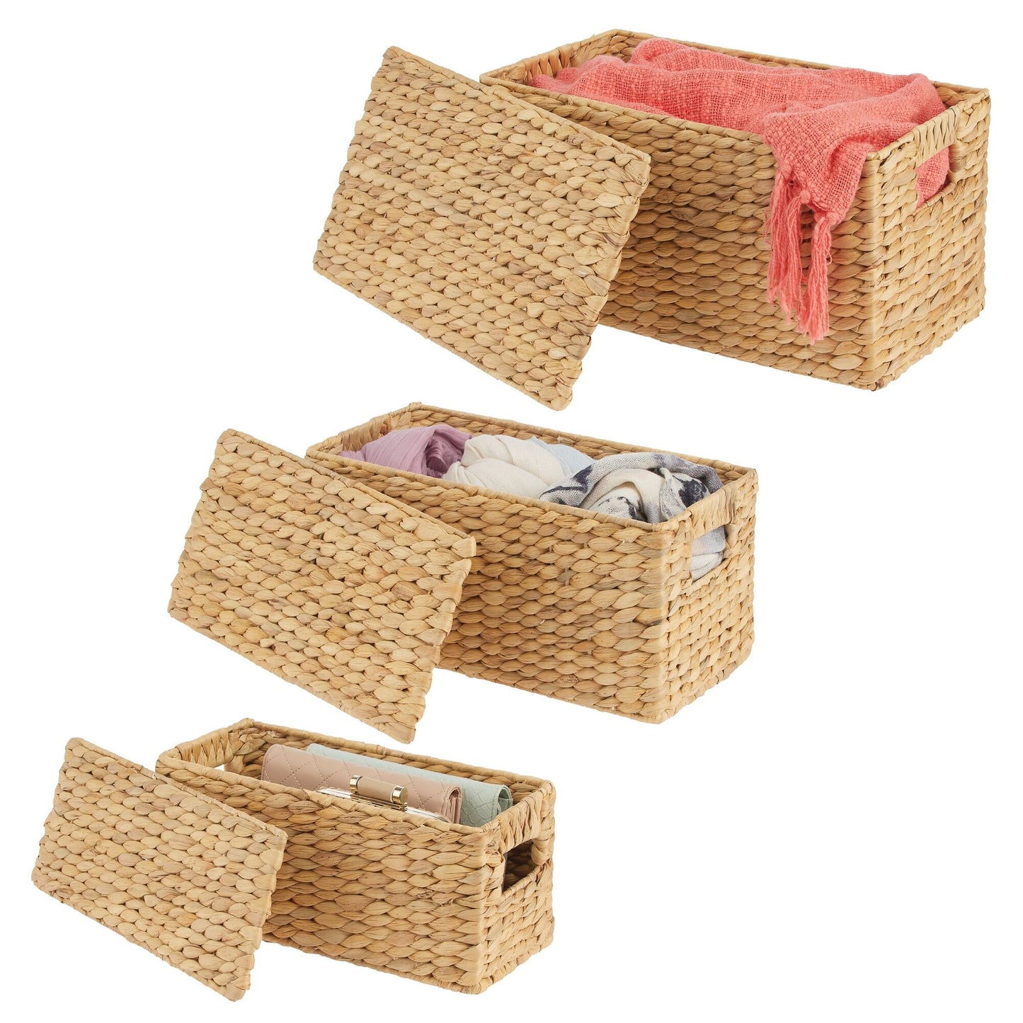 3 Natural Woven Water Hyacinth Organizer Basket Bin w/ Removable Lids