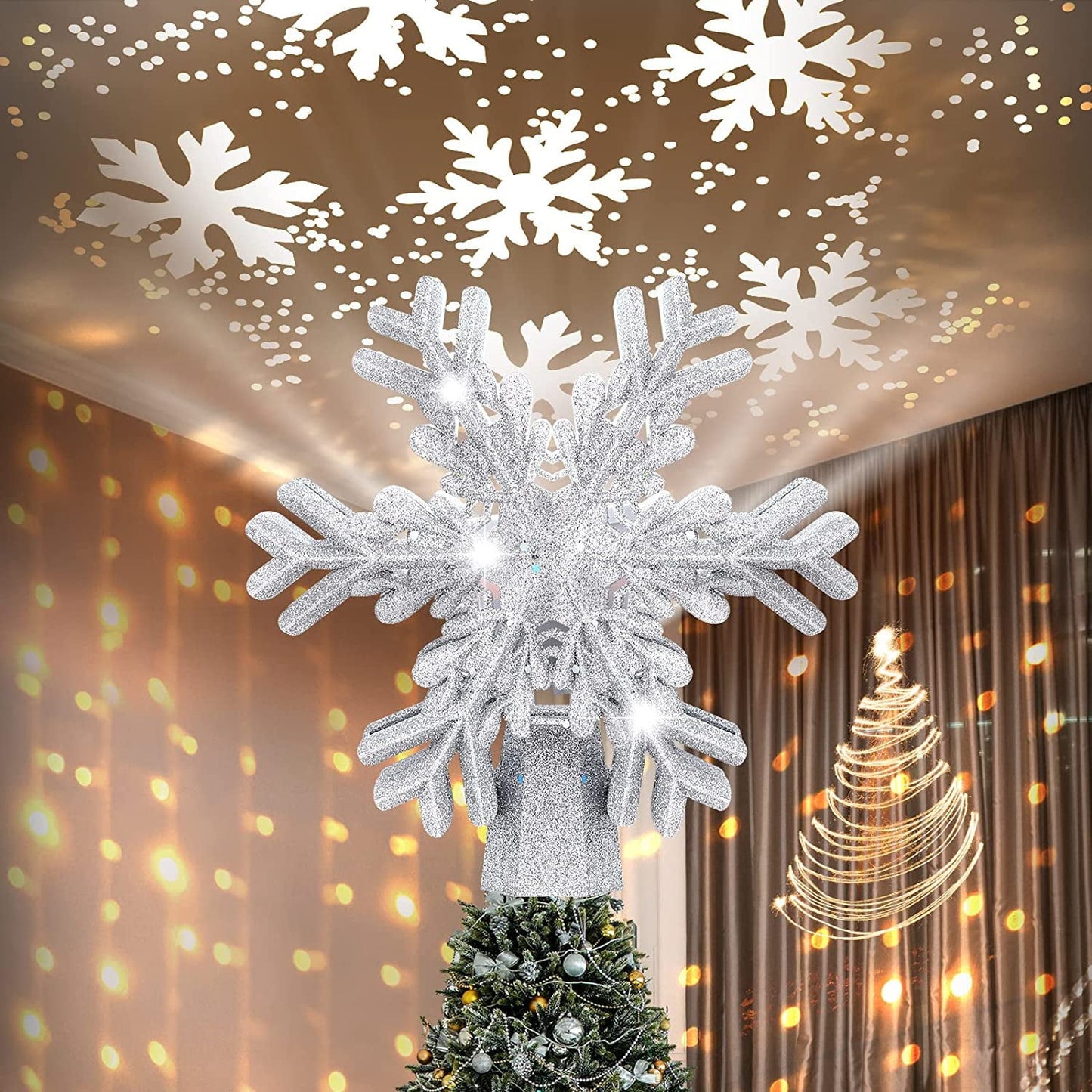 9.6” Christmas Tree Toppers w/ Rotating 3D Silver Snowflake