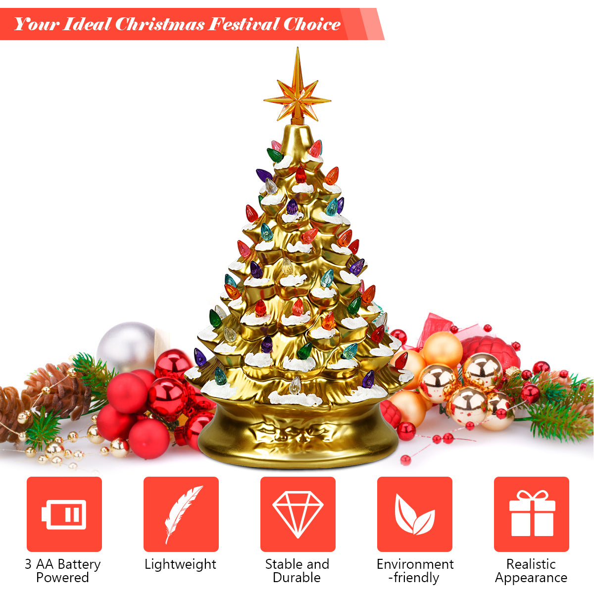 15''Pre-lit Hand-Painted Ceramic Tabletop Christmas Tree