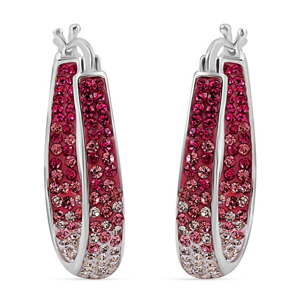 Pink Red Crystal Inside Out Elegant Hoop Earrings Silvertone