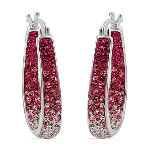 Pink Red Crystal Inside Out Elegant Hoop Earrings Silvertone